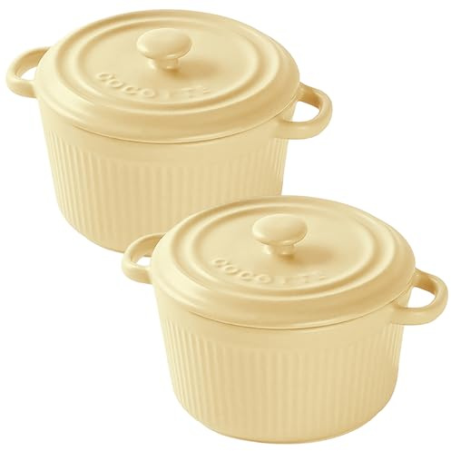 2 minicocotte med lock 250 ml, rund ugnsform, liten, keramisk ugnsform med handtag för lasagne, soufflé, grönsaker, gräddvit brûlée, för varmluftsfritös, ugn, mikrovågsugn, gul