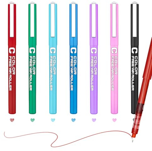 Set de 7 Bolígrafos Punta Fina 0.5 mm, Bolígrafos Roller Tinta Líquida con Punta Extrafina, Escritura Suave Precisa, Colores Surtidos Negro Rojo Azul Verde Violeta Azul Rosa Claro para Oficina Escuel