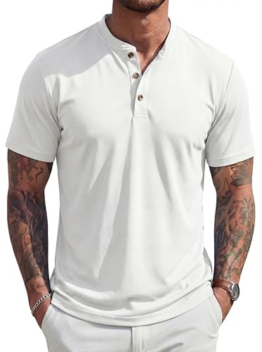 MAGCOMSEN Men's Henley Short Sleeve Shirt UPF 80+ Moisture Wicking Polyester Shirts Button T-Shirts Casual Basic Tees White