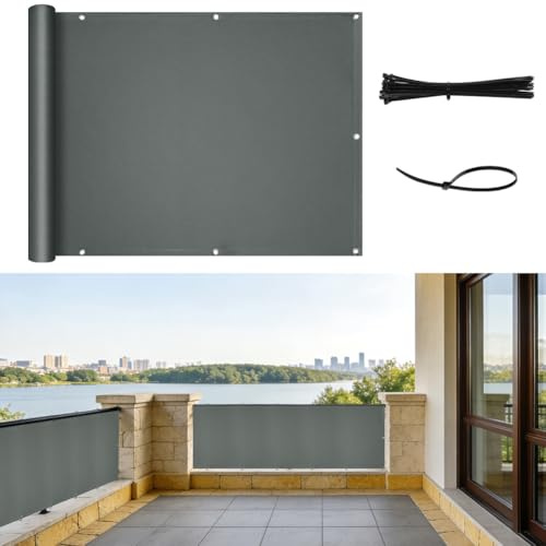 NUTKIT Pantalla de Privacidad para Balcón 0.9x4m, Impermeable y Resistente al Viento, Protección UV, con Ataduras de Cables,para Exterior Balcón Terraza Jardín Patio Porche(Dark Gray)