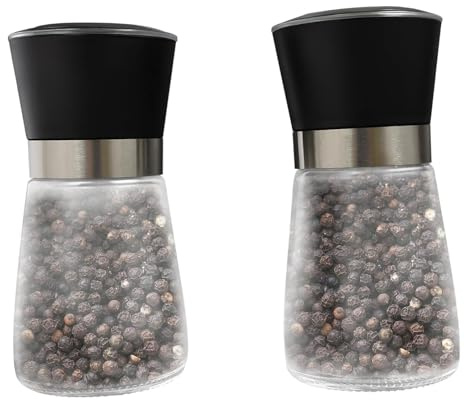 Set di 6 macinaspezie in vetro con meccanismo in ceramica – Spargisale regolabile manualmente per cucina, ristorante (180 ml, nero, trasparente) 6,5 x 13,5 cm (D*H)
