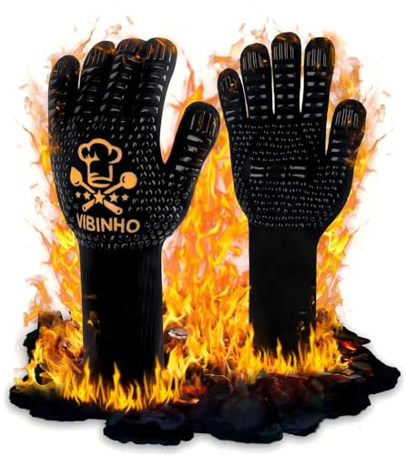VIBINHO Guanti da Barbecue, Guanti Cucina Resistenti al Calore Fino a 800°C, Guanti da Forno in Silicone Antiscivolo per Barbecueants Cuisine, Accessori Barbecue, Certificazione EN407 EN388 (Nero)