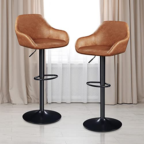 Yaheetech Barhocker 2er Set, höhenverstellbar Barstuhl, Hocker mit Rückenlehne, Tresenhocker, drehbar Bistrohocker aus Kunstleder, braun