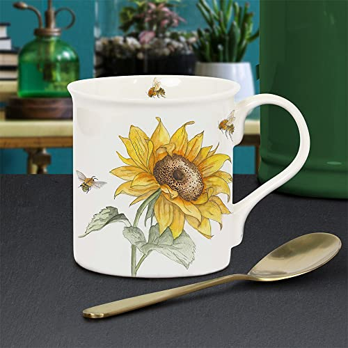 Lesser & Pavey British Designed Coffee Mug | Ceramic Coffee Mugs for Home or Work | Large Mugs for Hot Drinks | Bee Tanical Sunflower Tea and Coffee Cups - Sarah Boddy