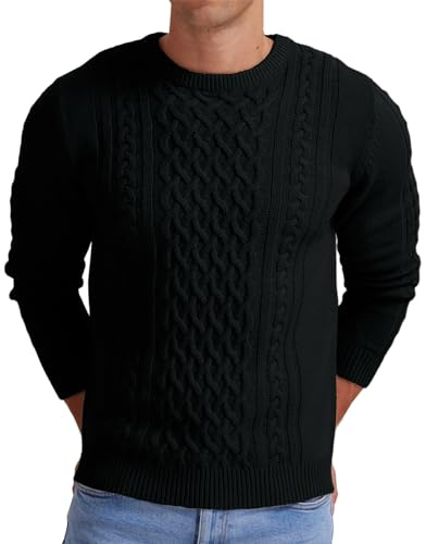 Hisir Pull Homme Hiver Cablé épais Col Rond Chaud Manches Longues Pullover Tricoté Col Rond Pulls Hommes (Noir, M)