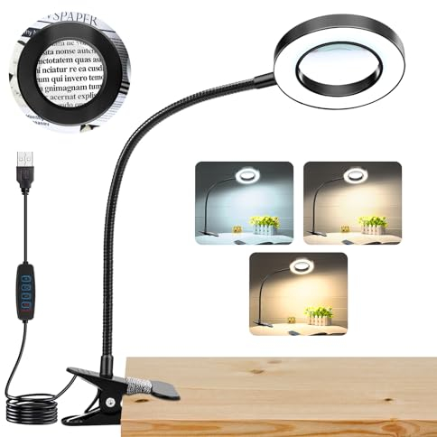 NZQXJXZ Magnifying Glass Lamp with 3 Color Modes-Metal Clip Magnifying Glass with Light USB Powered for Circuit Boards, Repairing, Crafts, Reading, Sewing, Artwork