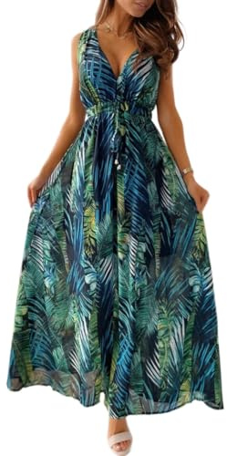 Yutdeng Vestido Largo Verano Mujer Vestido Boho Cuello V sin Mangas Estampado Floral Vestidos Playeros Vestido Tirantes Vestido Casual Elegantes Vestidos de Verano Mujer Fresco