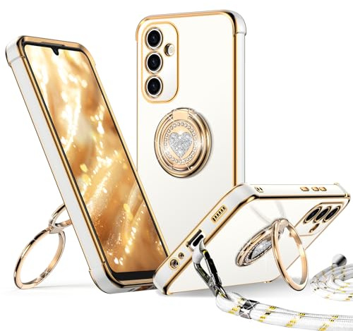 XYZ för Samsung Galaxy A15 fodral med band, vit | Hjärtan dubbelring stativ mobilskal, kvinnor flickor tunt stötsäkert fodral med mobiltelefonkedja, repskyddande skal