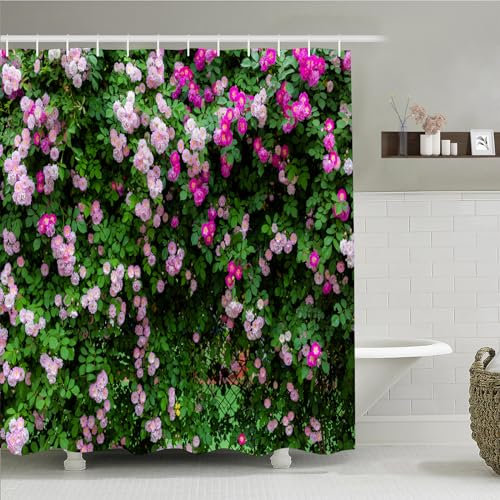 Simpomsy Outdoor 3D Floral Shower Curtain - Pink Garden Scenery Waterproof With Hooks 180x180cm