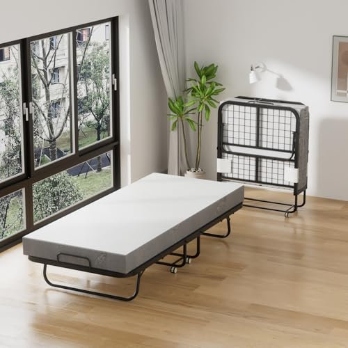 Daromigo Klappbett 90x200 cm Gästebett Klappbar, Klappbett Mit Matratze 13cm Dicker, Einzelbett Faltbare Metallbett Mit 4 Rollen, Belastbarkeit 150 kg für Schlafzimmer Wohnzimmer
