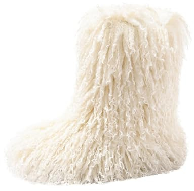 YXCFEWD Faux Mongolian Fur Boots for Women Winter Fluffy Fur Furry Boots for Girls Flat Heel Snow Boot(Short Mongolian White, 9)