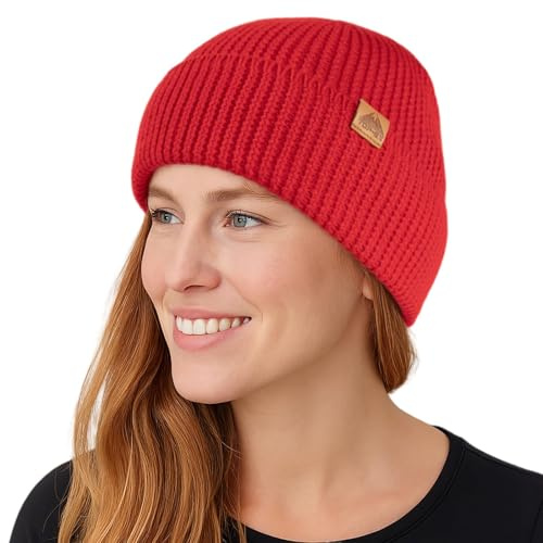TOP-EX 100% Merino Mütze Strickmütze Wollmütze Rot, Warme Wintermütze Beanie für Damen & Herren, Sport Outdoor Wool Watch Skimütze, Cuffed Sportmütze für Wandern und Laufen M/L