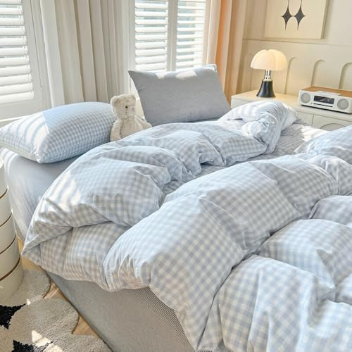 Michorinee Housse de Couette 220x240 Vichy à Carreaux Bleu Blanc Parure de Lit Adulte 2 Personnes Microfibre Moderne Sets de Housses de Couettes avec Fermeture éclair et 2 Taies d'oreiller 65x65 cm