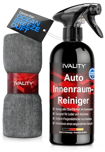 Ivality® Premium Auto Innenraum Reiniger 500ml - Cockpitpflege für die Innen Reinigung von Kunststoff, Polster, Leder & Armaturen - Auto Pflege Innenraumreiniger mit Mikrofasertuch - Cockpit Reiniger