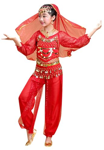Girls Belly Dance Costume Indian Performance Outfit Kids Halloween Party Dress Set (A-Red, 11-12 Years)