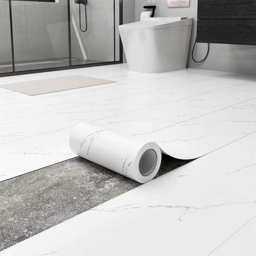 ZRJT Peel and Stick Floor Tile 11.8” x 590” Vinyl Flooring Roll Cover 48.4 Sq.Ft. Waterproof Scratch-Resistant DIY Self-Adhesive PVC Flooring for Renter, Kitchen, Bathroom, RV, White Marble