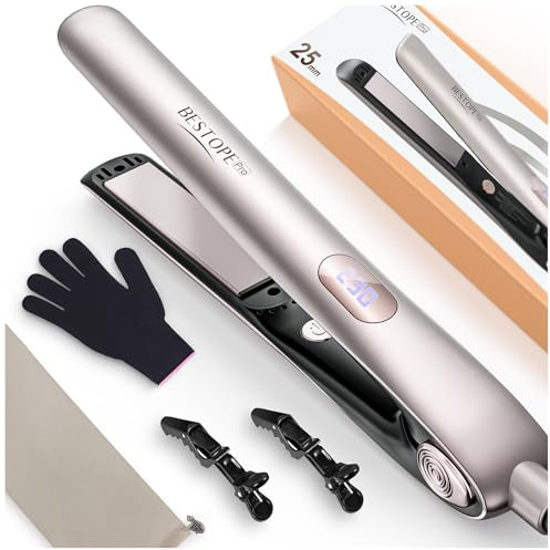 Planchas del Pelo Con Pantalla Digital - Plancha de Pelo Profesional, Tecnología Iónica Anti Frizz, Placas Flotantes Extralargas, Calentamiento Rápido, 5 Ajustes de 120°C a 230°C (Champán)