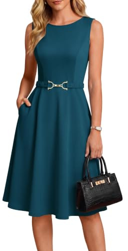 GRACE KARIN Damklänningar elegant A-linje fritid rund hals med ficka, Mörk påfågelblå, L