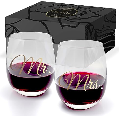 Gifffted Mr Right y Mrs Stemless Copas de Vino para Parejas, Regalos De Boda Aniversario, Marido y Esposa, Vaso, 500 Ml, Juego De 2