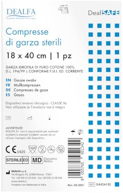 DEALFA Compresse di Garza Sterili - 18x40 cm - 100% Puro Cotone - per Medicazione, Cura e Pulizia Ferite - Monouso - Busta Singola da 1 Pezzo - Confezione da 100 Buste