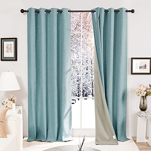 Deconovo Full Blackout Faux Linen Eyelet Energy Saving Thermal Curtains Noise Reduction Curtains for Living Room Stone Blue W52 x L84 Inch One Pair