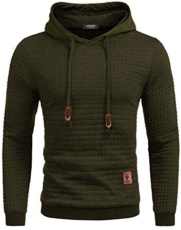 COOFANDY Huvtröja för män, hipster, gym, långärmad arbetströja, dragsko, rutig, jacquard-pullover, huvtröjor, Armégrön, XL