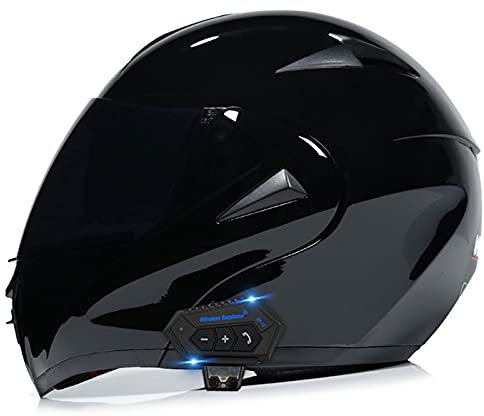 Casco moto bluetooth anti-appannamento doppia visiera casco integrale modulare moto locomotiva casco sicurezza apribile, omologato ECE nero lucido nero opaco (55-62 cm),C,S