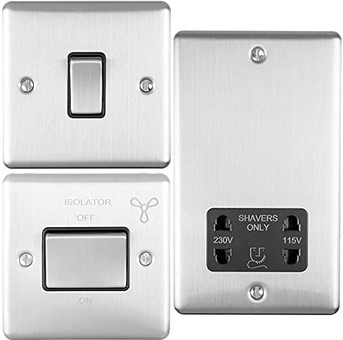 SATIN STEEL Bathroom Switch & Socket Set - 1x Single Light Switch | 1x 6A Extractor Fan Isolator Switch | 1x 2 Gang 230V/115V Twin Shaver Socket - Mains Shower/Wet Room
