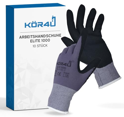 kör4u 10 Paar Arbeitshandschuhe Elite, atmungsaktiv und beschichtet, als Schutzhandschuhe, Gartenhandschuhe Damen und Mechaniker Handschuhe geeignet, hochwertige Nitril-Beschichtung, ölbeständig