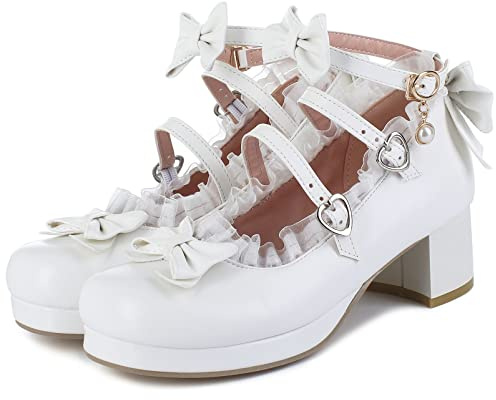LUXMAX Women Cute Shoes Kawaii Pumps Mid Block Heel Mary Janes Platform Sweet Cosplay Dress Shoes Strappy Ankle Strap Pumps with Bow, Size 8 M US,White