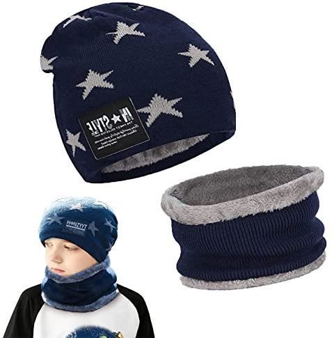 May Huang Kinder Wintermütze, Beanie Mütze und Schlauchschal, mit Fleecefutter Mütze Schal Sets, Winter Verdicken Fleece Thermisch für Jungen Mädchen Passgenau für 5-14 Jahre (blau)