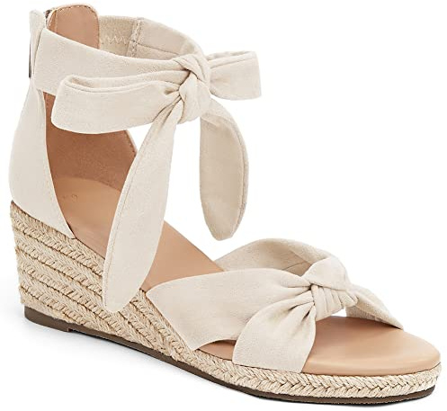 LAICIGO Womens Espadrilles Wedge Sandals Back Zipper Closure Open Toe Platform Ankle Strap Summer Dress Shoes with Bow Decoration