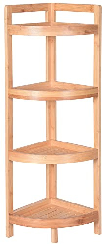 BAKAJI Rymdbesparande hörnhylla Naturlig Bamboo Corner Multi-Purpose Bambu Corner Stabila Rack, Stabila Racks Förvaringsställ, Bokhylla Inredning, Badrumsskåp (4 hyllor)