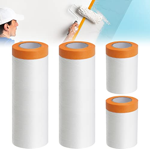 ANZOAT 4Rollen Abdeckfolie mit Klebeband,270cm+240cm+55cm Transparent Abdeckfolie mit Gewebeklebeband,Selbstklebend Abdeckfolie Maler, UV Beständig PET Masker Tape Malerkrepp zum Staubschutz