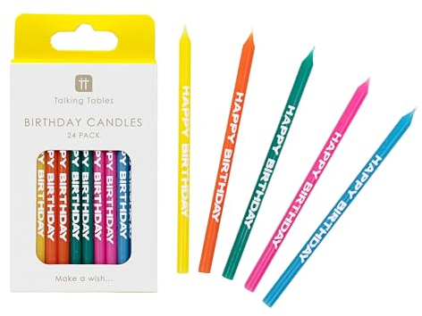 Talking Tables 24 x Happy Birthday Candles |For Cake Topper Cake Decorations for Boys or Girls, Bright Rainbow Themed -yellow, pink, green, blue and orange, Recyclable Packaging