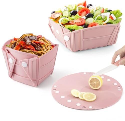Ciotole Pieghevoli Campeggio, Ciotola e Piatto Pieghevole in Silicone Riutilizzabile Lunch Box Insalatiera Portatile, Ciotola Pieghevole da Viaggio per Campeggio Picnic Escursioni pranzo, Rosa