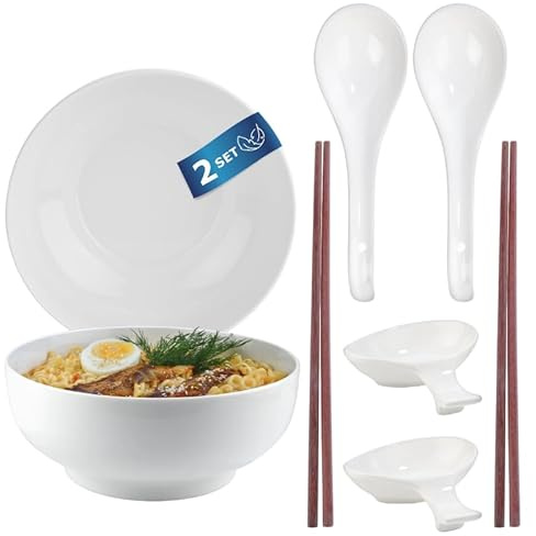 Urban Lifestyle Ramen Skål Set för 2 Personer, Ramen Skålar Ø 17,5 cm 1200 ml, New Bone China Vit, Nudelskålar med Skedar, Japanska Ätpinnar och Dippskålar, Soppskålar