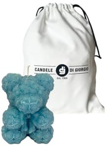 Candela a forma di orsetto con petali - Sacchetto regalo - Candela artigianale - Diametro 8 cm altezza 10 cm - Bomboniera Battesimo - Baby Shower - Comunione - Colore Azzurro - Cereria Di Giorgio