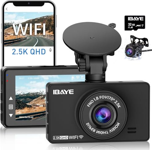 IBAYE Dashcam, Dash Cam Front and Rear Camera 2.5K QHD, Car Camera Dash Cam with Free 32GB SD Card, Support WiFi/APP Control, Super Night Vision, G-sensor, Loop Recording, Support 128GB Max