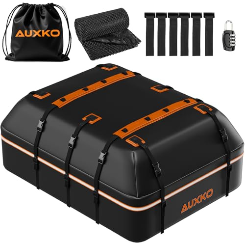 AUXKO 22 Cubic Ft Waterproof Rooftop Cargo Carrier Bag for All Vehicles with/Without Roof Rack, Soft Shell Car Roof Bag with Reflective Strip Includes Anti-Slip Mat, 6 Door Hooks & Combination Lock