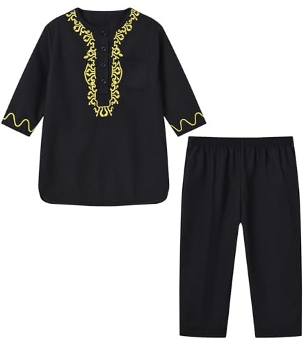 Traditional Black Kurta Set with Gold Embroidery 3/4 Sleeve Top and Trousers 2-Piece Boys and Girls Spring Summer and Autumn (Black, 18-30 Months)