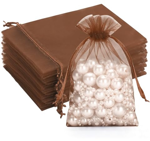 G2PLUS Dark Brown Organza Gift Pouches 10x15 cm: Medium Favor Bags | 50 PCS Wedding Jewelry Bags, Clear Mesh Pouches Perfect for Wedding, Christmas, Birthday, Anniversary