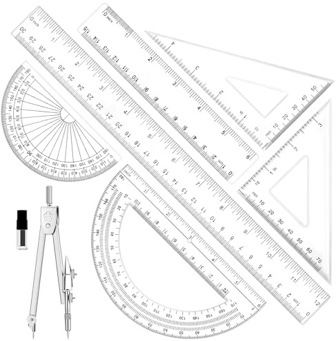 Geometry Set - 7Pcs Geometry Kit with Clear Plastic Ruler 12Inch & 6Inch, Triangle Ruler, Protractor and Compass Set for School Office Math Drawing Drafting Engineering Architecture Art
