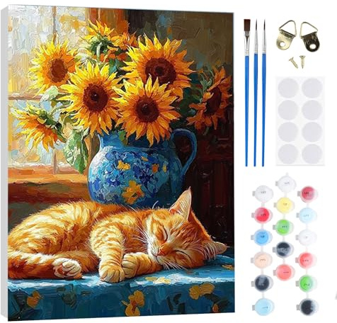RICUVED Gato Girasol Pintura por Números para Adultos y Niños 20x30cm -Flor Kit DIY con Marco de Madera, Pinturas al Óleo, Pinceles y Bandas Magnéticas para Decorar Tu Casa