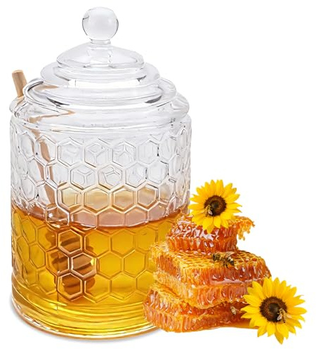 WPPQWP Honigglas Dip Honigspender 300ml Honigtopf mit Löffel, Tischdekoration für Honig, Marmelade, Sirup, Leicht zu reinigen, hinterlässt keine Rückstände (1, Wabenstruktur)