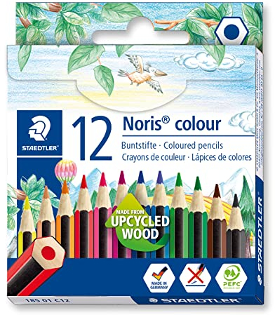 STAEDTLER Buntstifte Noris colour 185 01, rutschfeste Soft-Oberfläche, hohe Bruchfestigkeit, Made from Upcycled Wood, intensive Farben,12 Stifte im Kartonetui, 185 01 C12