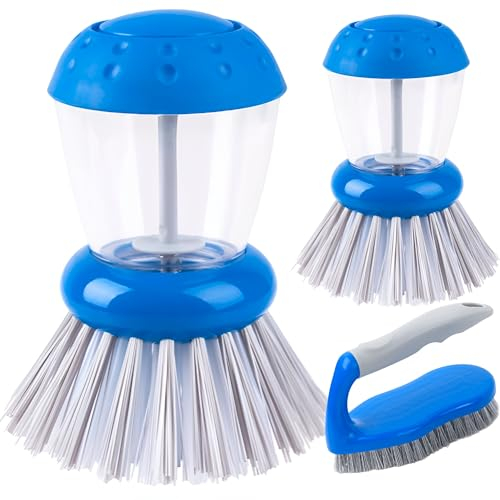 2 Cepillo Dispensador Jabon Cocina Fregaplatos mas 1 Cepillo Limpieza Hogar - Cepillo con Dispensador de Jabon Lavar Platos Cocina - Estropajo Silicona Friegaplatos Palma - Limpiar Vajilla Fregadero