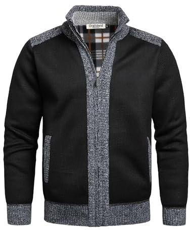 Oralidera Cardigan da Uomo Maglione Lavorato a Maglia Cappotto Invernale in Maglieria Spessa Giacca Collo in Pile Caldo Felpa Manica Lunga con Cerniera Intera, Nero, XL