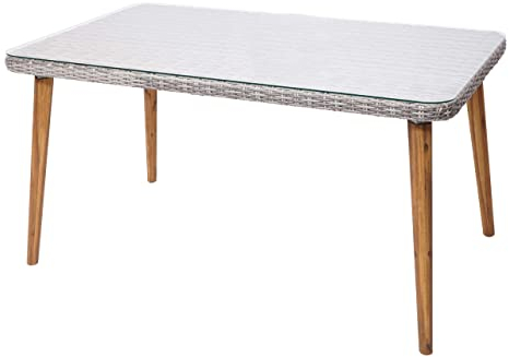 Mendler Poly-Rattan Esstisch HWC-H65, Garten-/Lounge-Tisch, Stahl + Akazie halbrundes Poly-Rattan MVG 150x90cm - grau