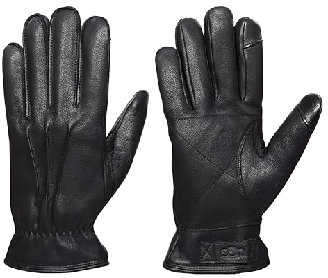 UGG Men's 3 Point Genuine Leather Gloves with Microfur Lining and Conductive Fingertips, Black, Medium